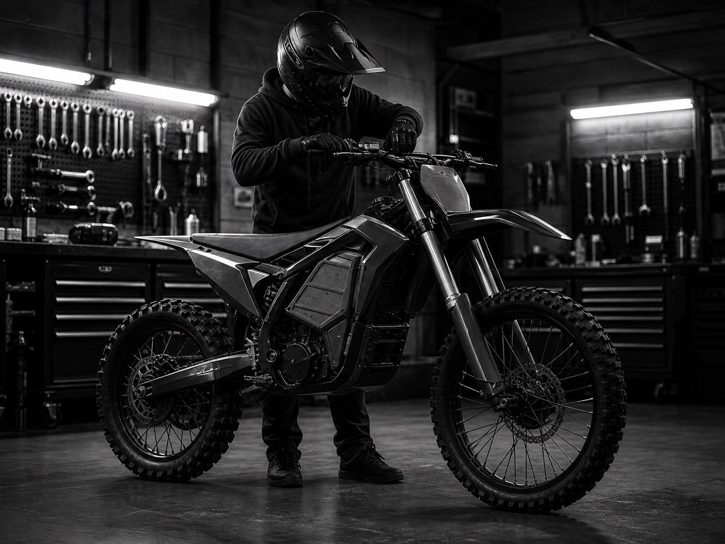 Electric dirt bike rider working in a garage